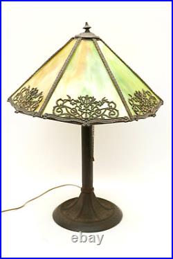 Vintage Antique 6 Panel Slag Glass Table Lamp Art Deco Nouveau 21 Tall Marbled
