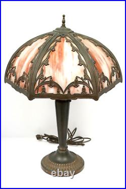 Vintage Antique 6 Panel Slag Glass Table Lamp Art Deco Nouveau 22 Tall Marbled