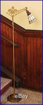 Vintage Antique Art Deco Cast Iron Floor Bridge Lamp Slag Glass Signed Shade