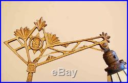 Vintage Antique Art Deco Cast Iron Floor Bridge Lamp Slag Glass Signed Shade