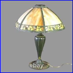 Vintage Antique Arts & Crafts Polychrome Decorated Slag Glass Table Lamp 1920's