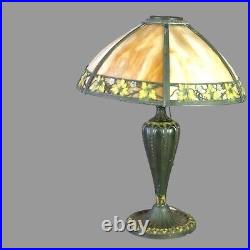 Vintage Antique Arts & Crafts Polychrome Decorated Slag Glass Table Lamp 1920's