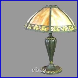 Vintage Antique Arts & Crafts Polychrome Decorated Slag Glass Table Lamp 1920's