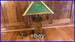 Vintage / Antique Arts and Crafts Mission Oak Table Lamp Green Slag Glass Shade