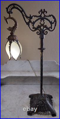 Vintage Antique Bridge Arm Table Lamp Dolphins Cream Bent Slag Glass Shade Vintage Antique Bridge Arm Table Lamp Dolphins Cream Bent Slag Glass Shade