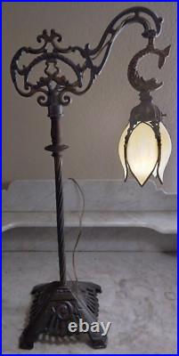 Vintage Antique Bridge Arm Table Lamp Dolphins Cream Bent Slag Glass Shade Vintage Antique Bridge Arm Table Lamp Dolphins Cream Bent Slag Glass Shade