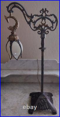 Vintage Antique Bridge Arm Table Lamp Dolphins Cream Bent Slag Glass Shade Vintage Antique Bridge Arm Table Lamp Dolphins Cream Bent Slag Glass Shade