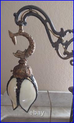 Vintage Antique Bridge Arm Table Lamp Dolphins Cream Bent Slag Glass Shade Vintage Antique Bridge Arm Table Lamp Dolphins Cream Bent Slag Glass Shade