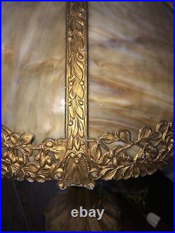 Vintage Antique Gold Gilded Leaded Slag Panel Glass Table Lamp Art Deco Nouveau