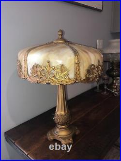 Vintage Antique Gold Gilded Leaded Slag Panel Glass Table Lamp Art Deco Nouveau