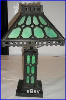 Vintage Antique Green Slag Glass Lamp Cast Iron Arts & Crafts
