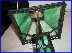 Vintage Antique Green Slag Glass Lamp Cast Iron Arts & Crafts