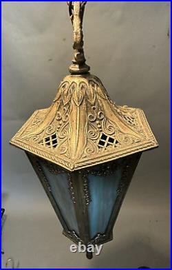 Vintage Antique Slag Glass Hanging Hall Lamp Light Fixture