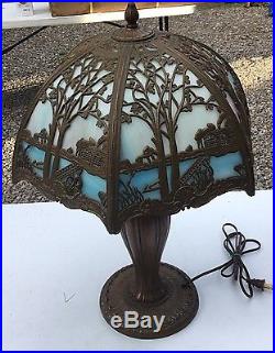 Vintage Antique Slag Glass Panel Cottage Scene Table Lamp
