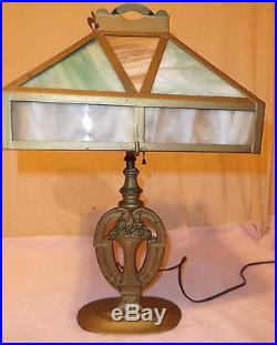 Vintage/Antique Stained/Slag Glass Table Lamp 1930's/1940's Green/White/Caramel