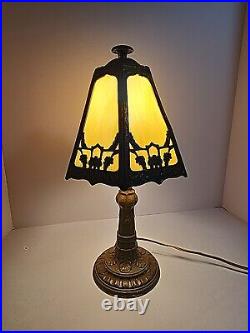 Vintage Antique Victorian Painted Iron Slag Glass Table Desk Lamp