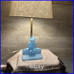 Vintage Art Deco Blue Slag Glass Boudoir Lamp -Figural Boy on Bench Rare 1930s