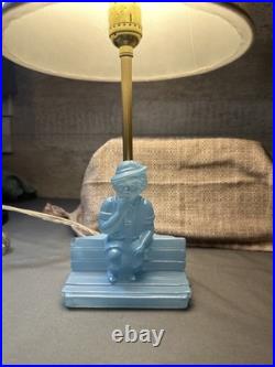 Vintage Art Deco Blue Slag Glass Boudoir Lamp -Figural Boy on Bench Rare 1930s