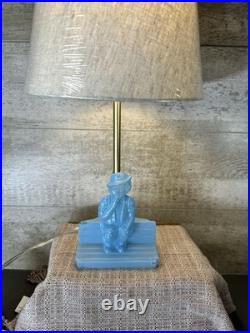 Vintage Art Deco Blue Slag Glass Boudoir Lamp -Figural Boy on Bench Rare 1930s
