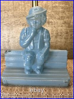 Vintage Art Deco Blue Slag Glass Boudoir Lamp -Figural Boy on Bench Rare 1930s