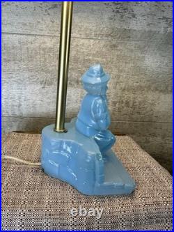 Vintage Art Deco Blue Slag Glass Boudoir Lamp -Figural Boy on Bench Rare 1930s