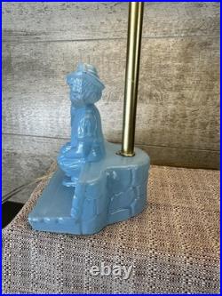Vintage Art Deco Blue Slag Glass Boudoir Lamp -Figural Boy on Bench Rare 1930s