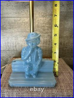 Vintage Art Deco Blue Slag Glass Boudoir Lamp -Figural Boy on Bench Rare 1930s