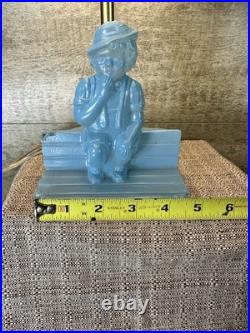 Vintage Art Deco Blue Slag Glass Boudoir Lamp -Figural Boy on Bench Rare 1930s