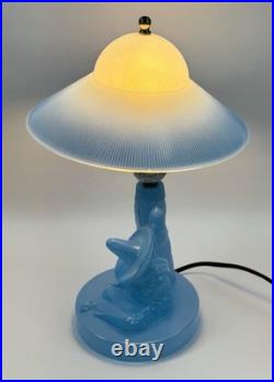 Vintage Art Deco Blue Slag Glass Siesta Lamp Mexican Man Cactus Houzex Akro