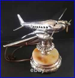 Vintage Art Deco Chrome DC 3 Slag Glass Airplane Lamp Working Polished