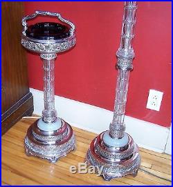 Vintage Art Deco Chrome Torchiere Lamp Standing Floor Ashtray Slag Glass Ornate