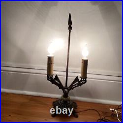 Vintage Art Deco Nouveau Cast Metal 2- Candle Stick Bulb TABLE LAMP, Slag Glass