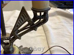 Vintage Art Deco Nouveau Cast Metal 2- Candle Stick Bulb TABLE LAMP, Slag Glass