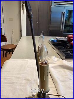 Vintage Art Deco Nouveau Cast Metal 2- Candle Stick Bulb TABLE LAMP, Slag Glass