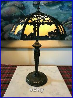 Vintage Art Deco Nouveau Slag Glass Bronze Finish Filigree Tree Design Lamp