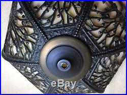Vintage Art Deco Nouveau Slag Glass Bronze Finish Filigree Tree Design Lamp Shad