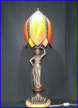 Vintage Art Deco Slag Glass Figural Table Lamp With Tulip Shade Awesome See Pics