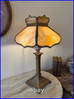 Vintage Art Deco Slag Glass Lamp with Caramel Marble Shade