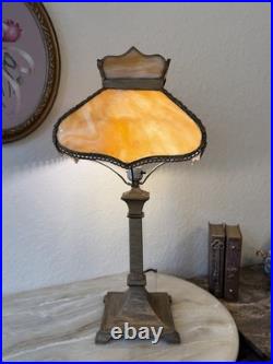 Vintage Art Deco Slag Glass Lamp with Caramel Marble Shade