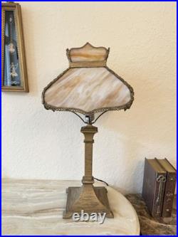 Vintage Art Deco Slag Glass Lamp with Caramel Marble Shade