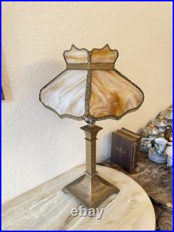 Vintage Art Deco Slag Glass Lamp with Caramel Marble Shade