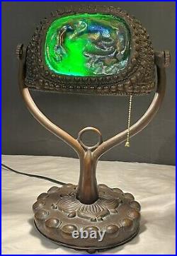 Vintage Art Glass Zodiac Turtle Back Green Desk Lamp With Bronze Base