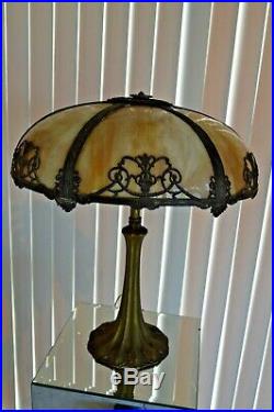Vintage Art Nouveau 6 Panel Caramel Slag Glass 2 Bulb Lamp Good Condition