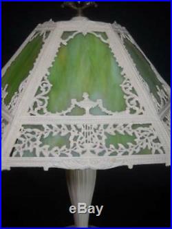 Vintage Art Nouveau 6 Panel Green Slag Glass Lamp Miller Bradley & Hubbard Era