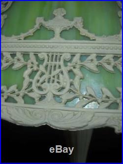 Vintage Art Nouveau 6 Panel Green Slag Glass Lamp Miller Bradley & Hubbard Era