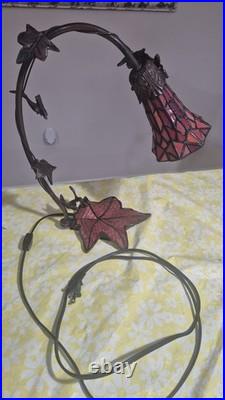 Vintage Art Nouveau Bridge Arm Red Slag Glass Table Lamp Butterfly Leaf Design