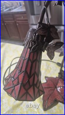 Vintage Art Nouveau Bridge Arm Red Slag Glass Table Lamp Butterfly Leaf Design