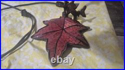 Vintage Art Nouveau Bridge Arm Red Slag Glass Table Lamp Butterfly Leaf Design
