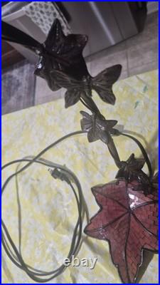Vintage Art Nouveau Bridge Arm Red Slag Glass Table Lamp Butterfly Leaf Design