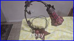 Vintage Art Nouveau Bridge Arm Red Slag Glass Table Lamp Butterfly Leaf Design